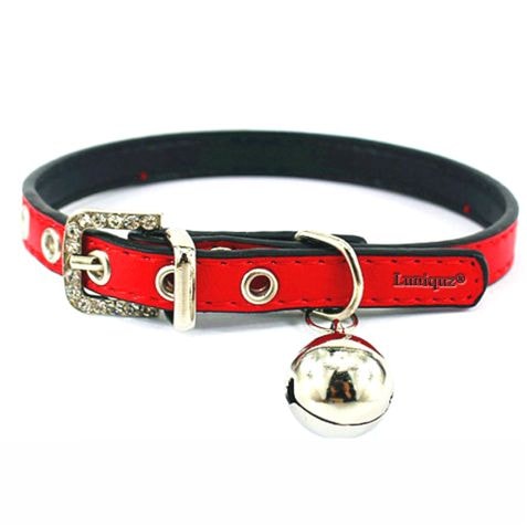 Krin Leather Cat & Puppy Collar with Bell, Red - Krin